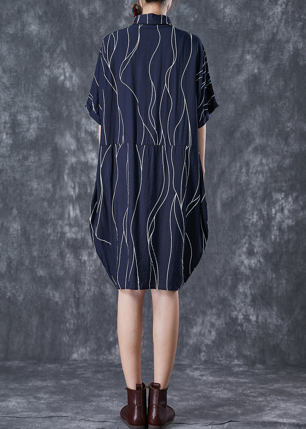 Navy Patchwork Cotton Shirt Dress Oversized Striped Summer