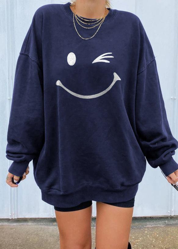 Navy Print Sweatshirt Women Casual Tops