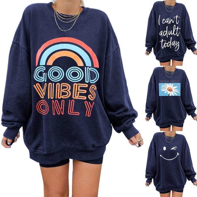 Navy Print Sweatshirt Women Casual Tops