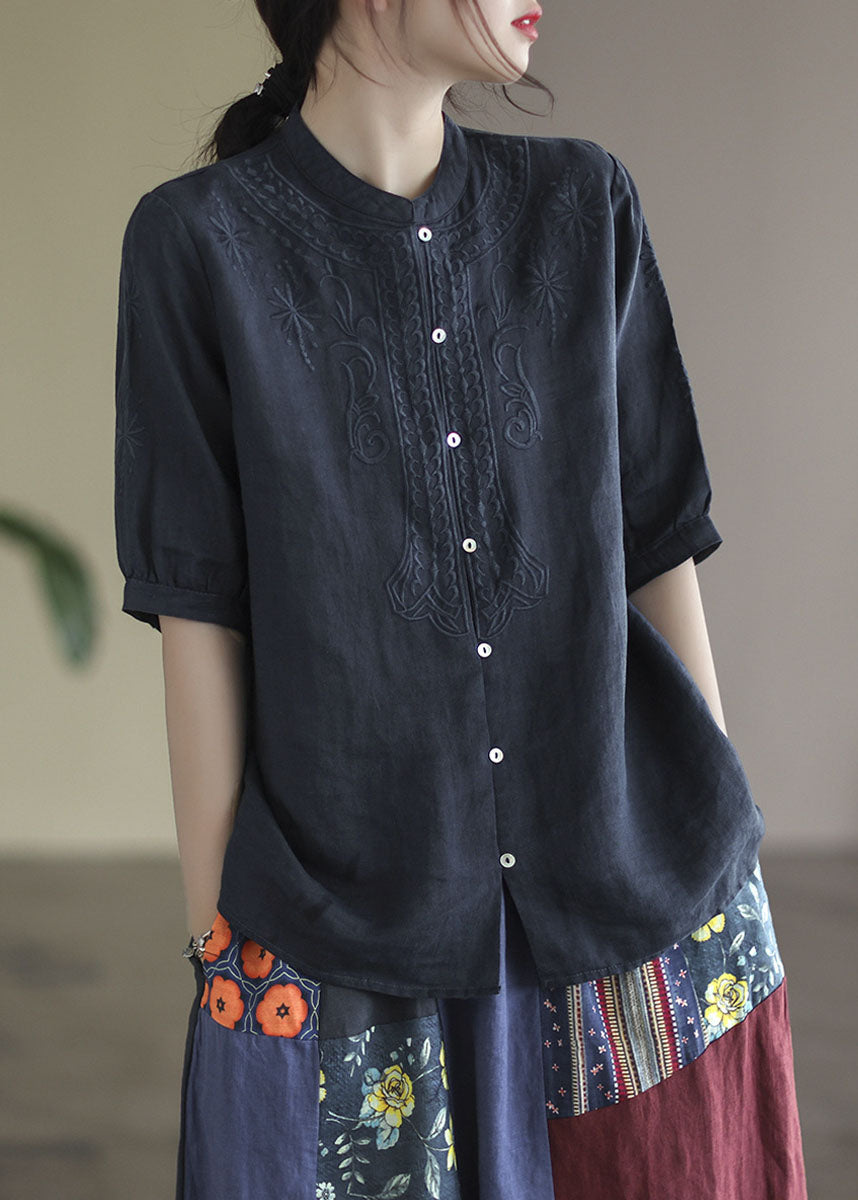 Navy 2025 Cotton Shirts Stand Collar Embroideried Half Sleeve