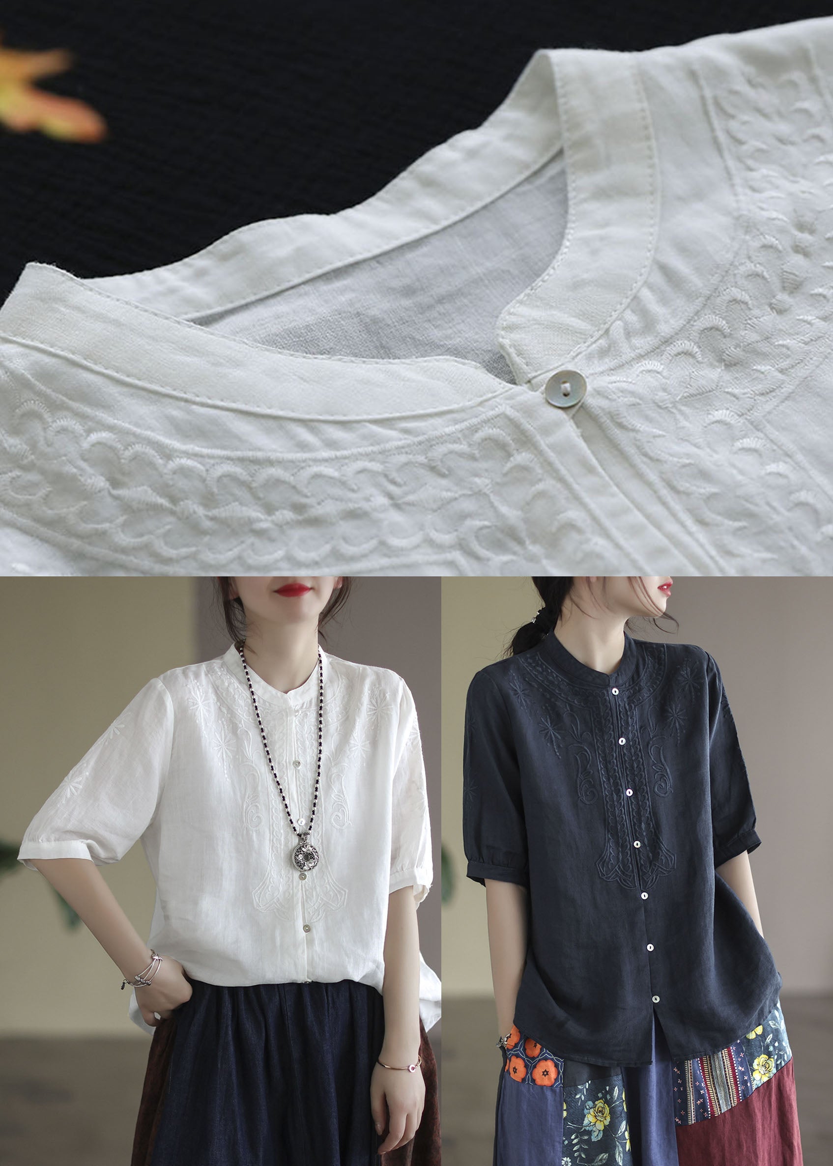 Navy 2025 Cotton Shirts Stand Collar Embroideried Half Sleeve