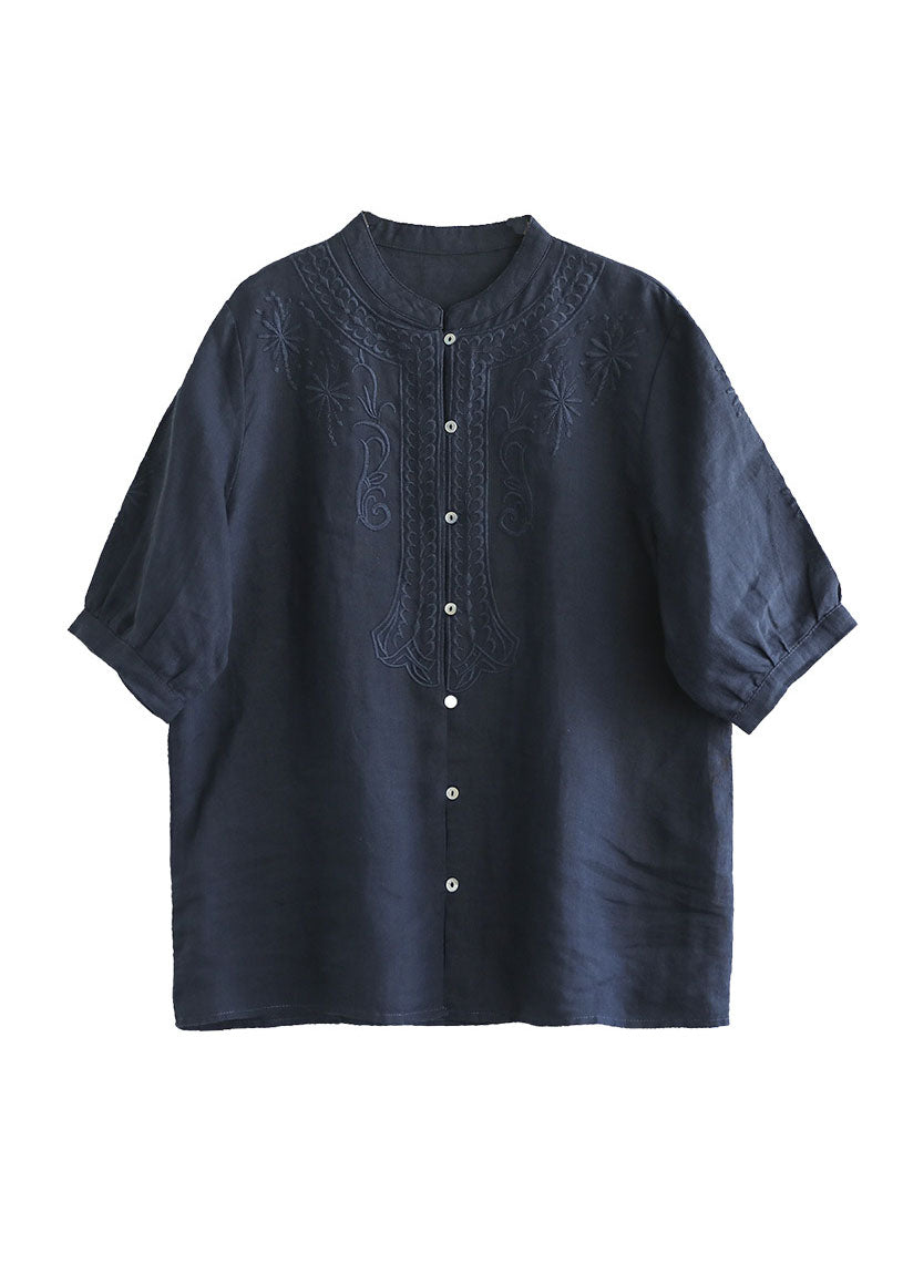 Navy 2025 Cotton Shirts Stand Collar Embroideried Half Sleeve