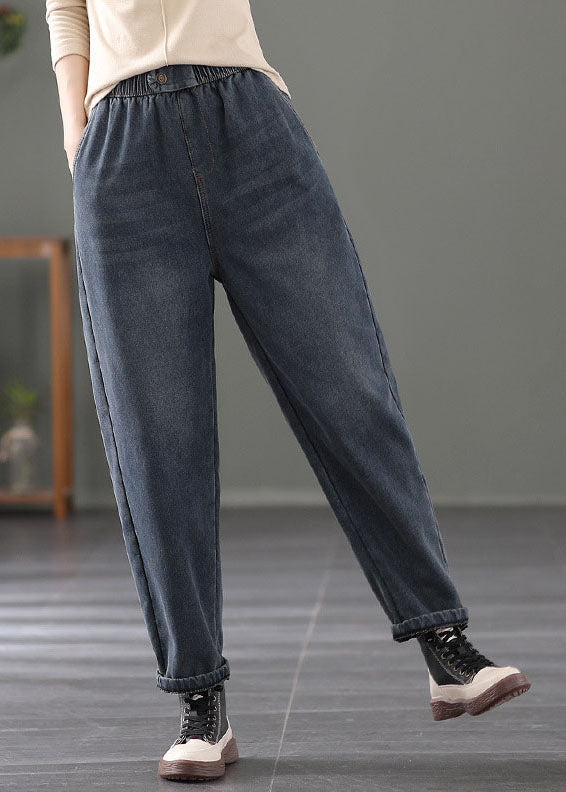 Navy Warm Fleece Denim Harem Pants Elastic Waist Spring