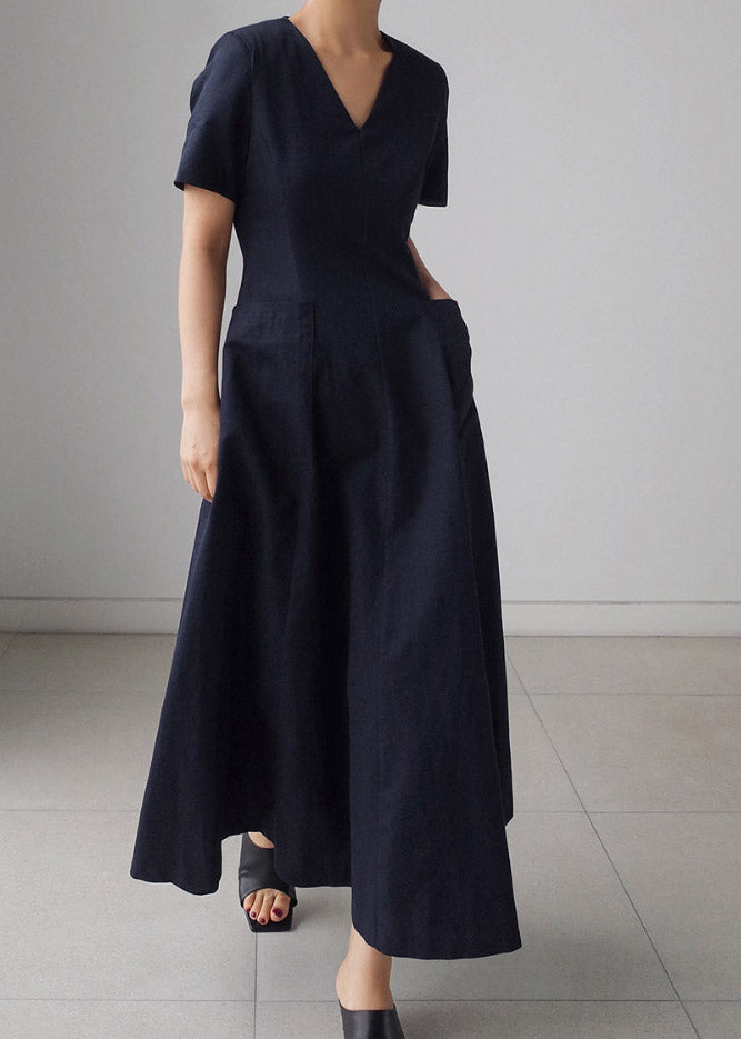 Navy Wrinkled Zippered Cotton Long Dresses Short Sleeve