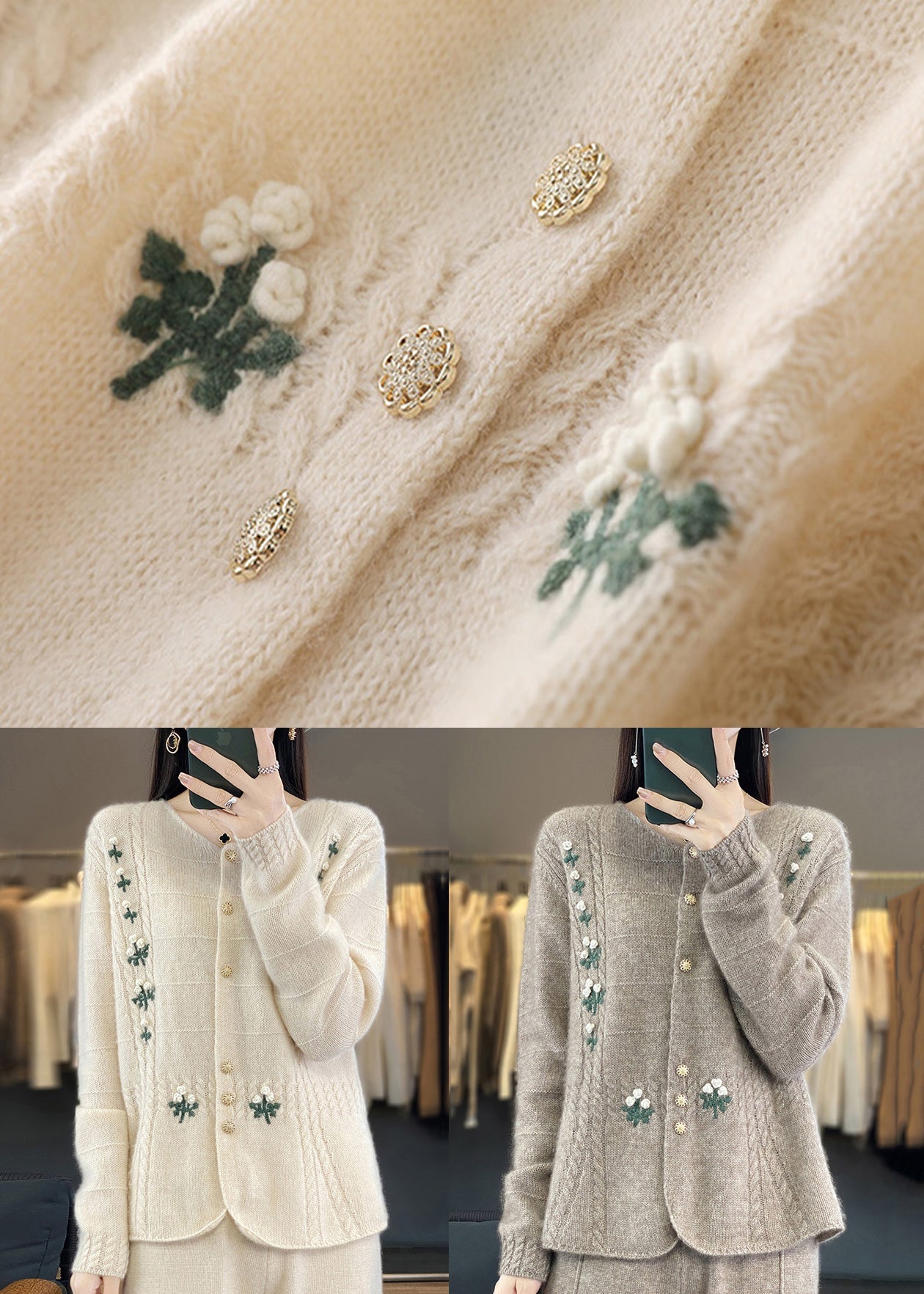 New Beige Embroidered Button Patchwork Cashmere Knit Coats Fall