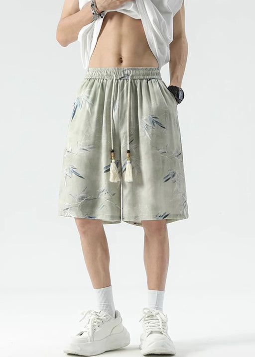 New Beige Print Lace Up Ice Silk Summer Men Beach Shorts