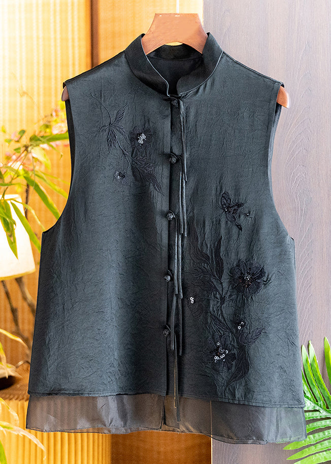 New Black Embroidered Button Silk Waistcoat Sleeveless