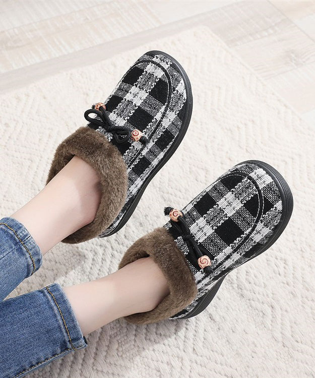 New Black Plaid Women Splicing Flats Fuzzy Wool Lined