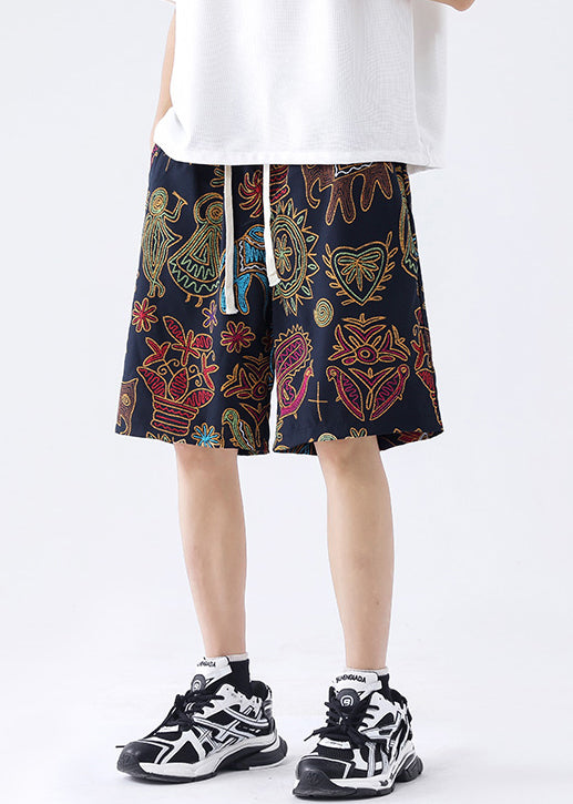 New Black Print Pockets Ice Silk Summer Mens Shorts