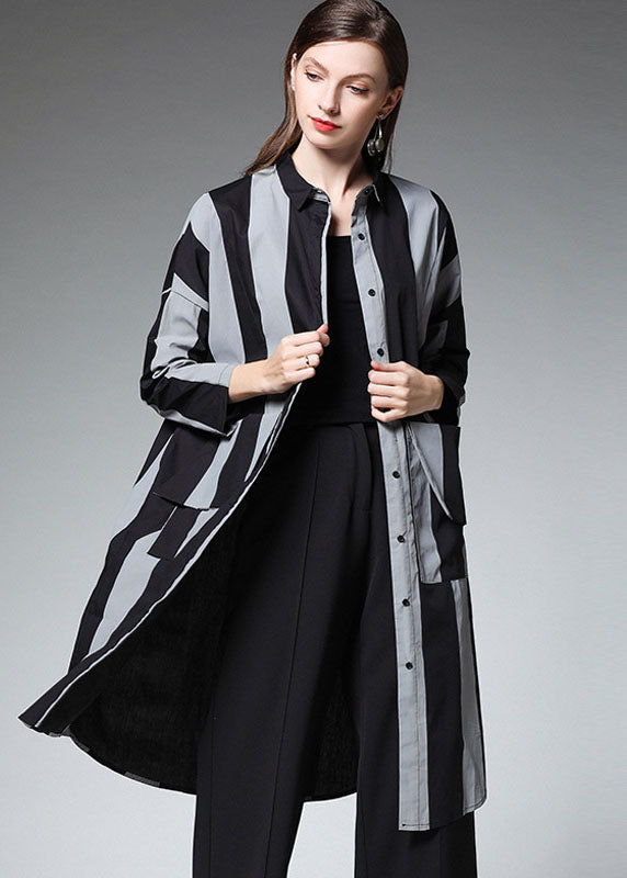 New Black Striped Button Pockets Long Coat