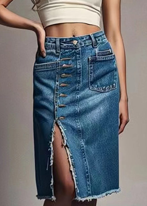 New Blue Button Front Open High Waist Denim Skirts Summer