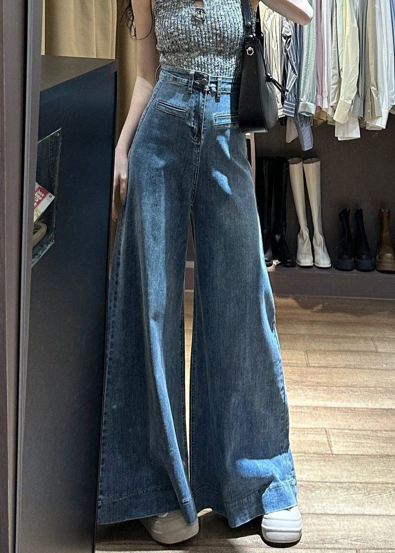 New Blue Button High Waist Denim Wide Leg Pants Summer