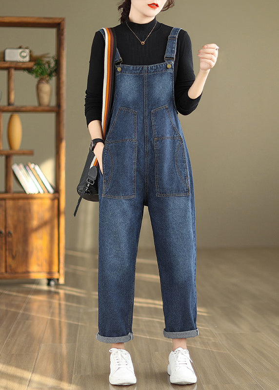 New Blue Button Pockets Patchwork Denim Jumpsuits Sleeveless