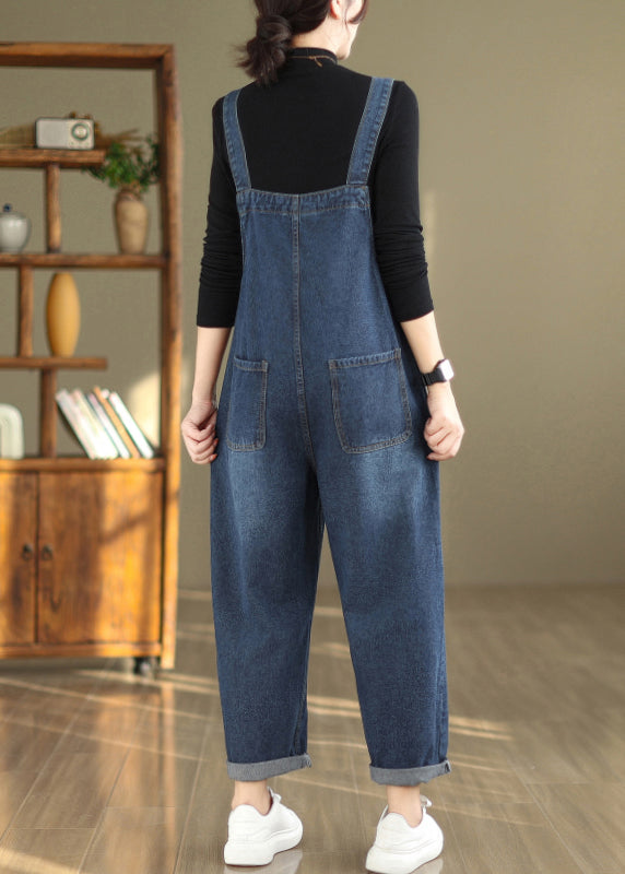 New Blue Button Pockets Patchwork Denim Jumpsuits Sleeveless