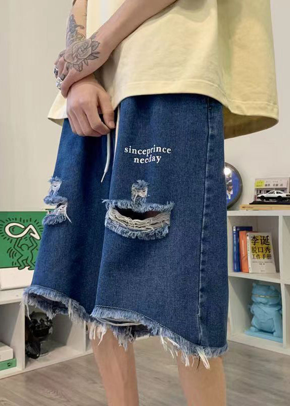 New Blue Hole Pockets Denim Men Wide Leg Shorts Summer