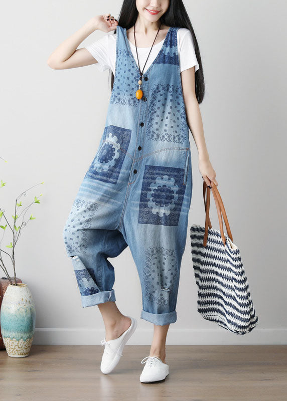 New Blue Patchwork Print Denim Jumpsuit Pants Sleeveless