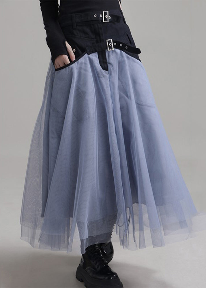 New Blue Pockets Elastic Waist Patchwork Tulle Skirt Summer