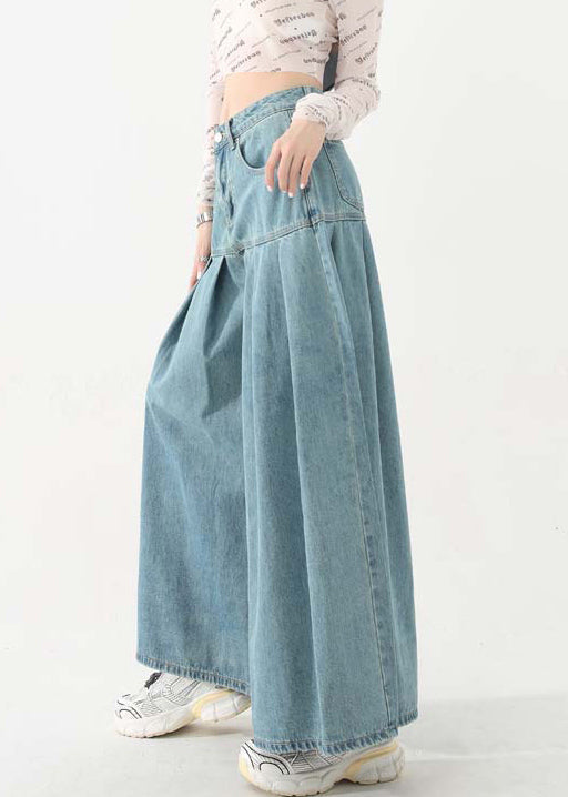 New Blue Pockets High Waist Denim Wide Leg Pants Spring