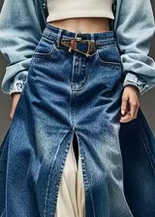 New Blue Pockets Side Open High Waist Denim Skirts Summer