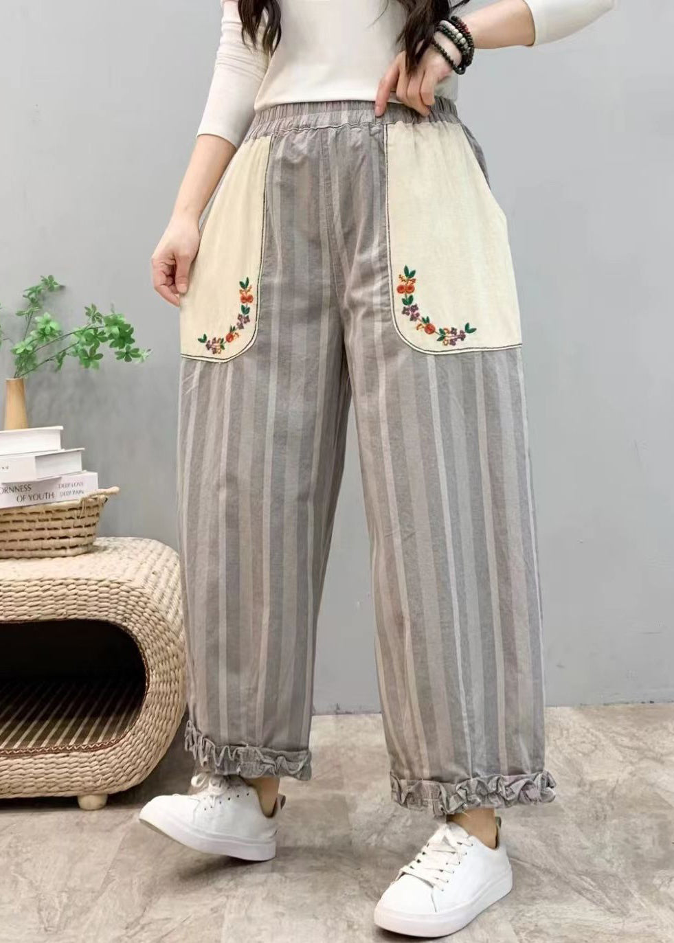 New Blue Ruffled Pockets Elastic Waist Cotton Crop Pants Summer