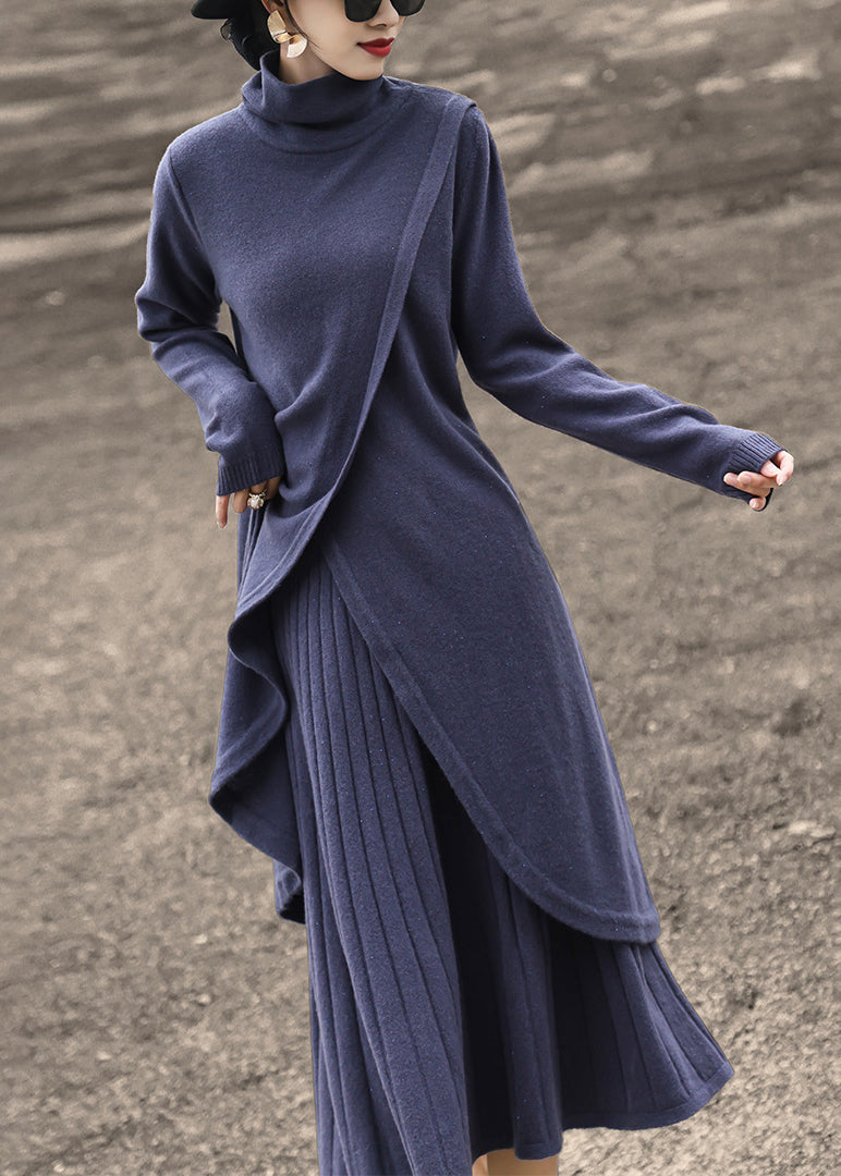 New Blue Turtleneck Tops And Skirts Wool Knit Two-Piece Set Winter