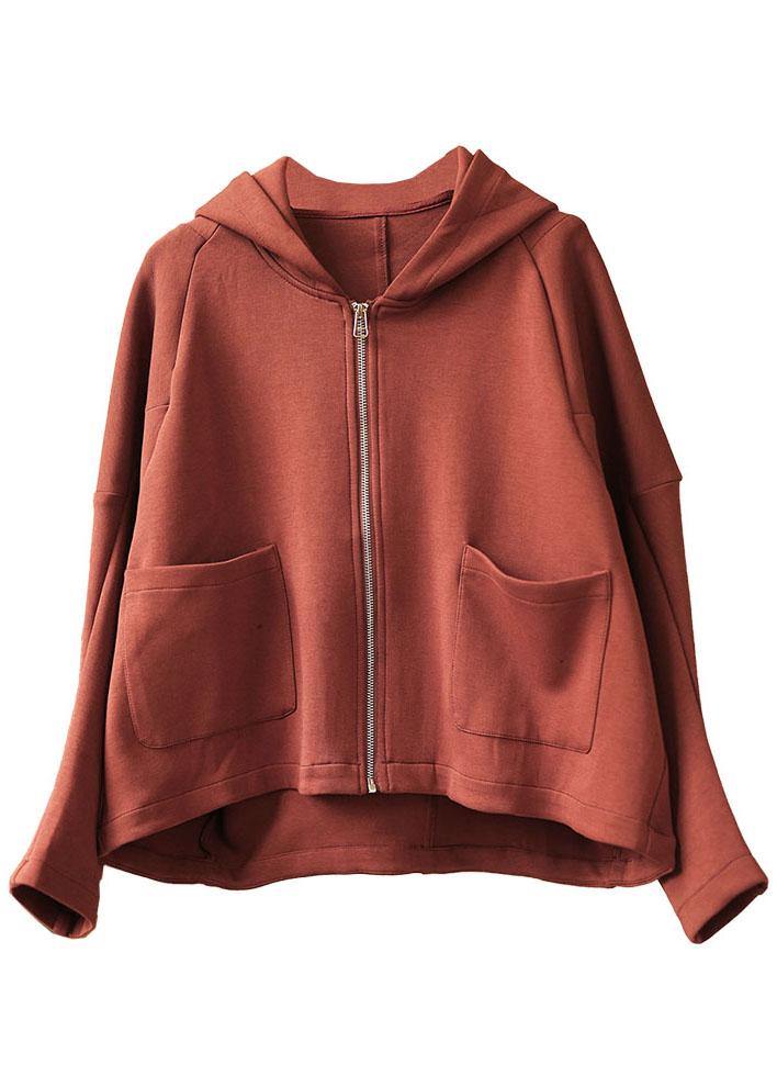 New Brick Red hooded zippered Pockets Fall Sweatshirts Top