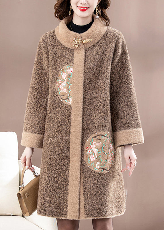 New Brown Patchwork Button Mink Velvet Woolen Coats Spring