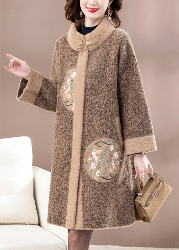 New Brown Patchwork Button Mink Velvet Woolen Coats Spring