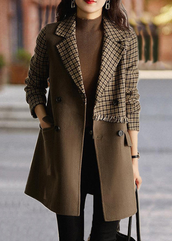 New Brown Plaid Pockets Patchwork Woolen Coat Long Sleeve