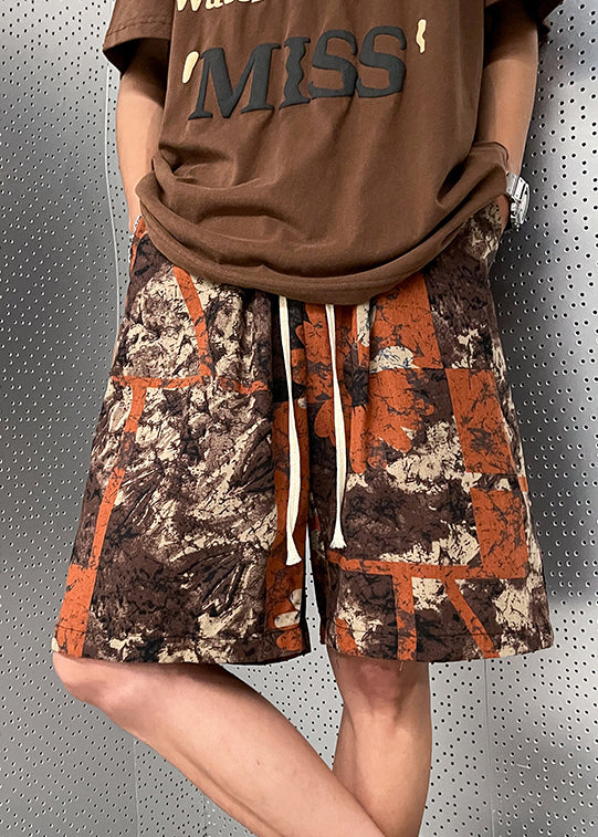 New Brown Pockets Elastic Waist Cotton Mens Shorts Summer