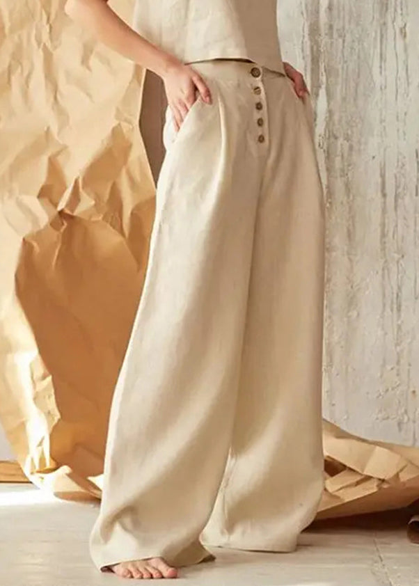 New Casual Apricot Pockets Button Linen Straight Pants Spring