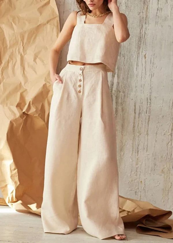 New Casual Apricot Pockets Button Linen Straight Pants Spring