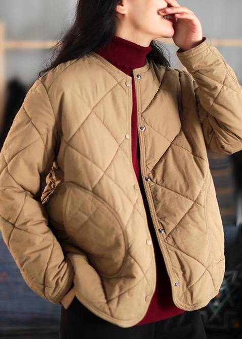 New Casual Warm Coat Khaki O Neck Pockets Women Coat