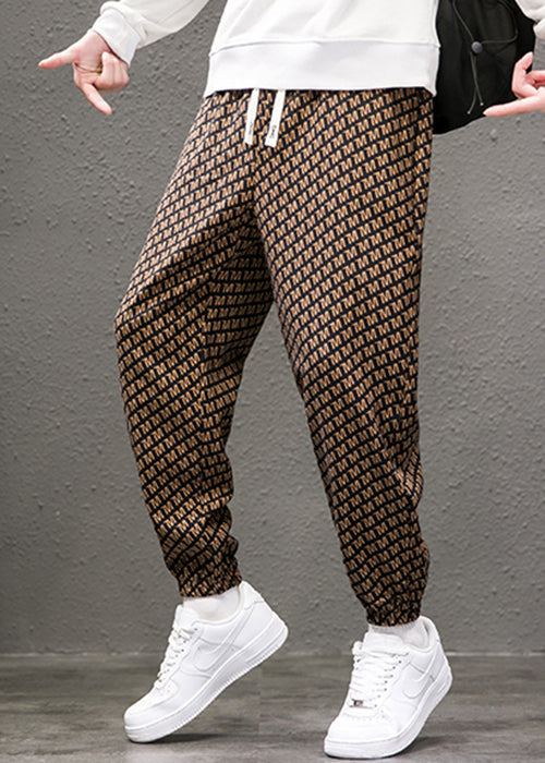 New Coffee Print Pockets Elastic Waist Cotton Mens Pants Spring