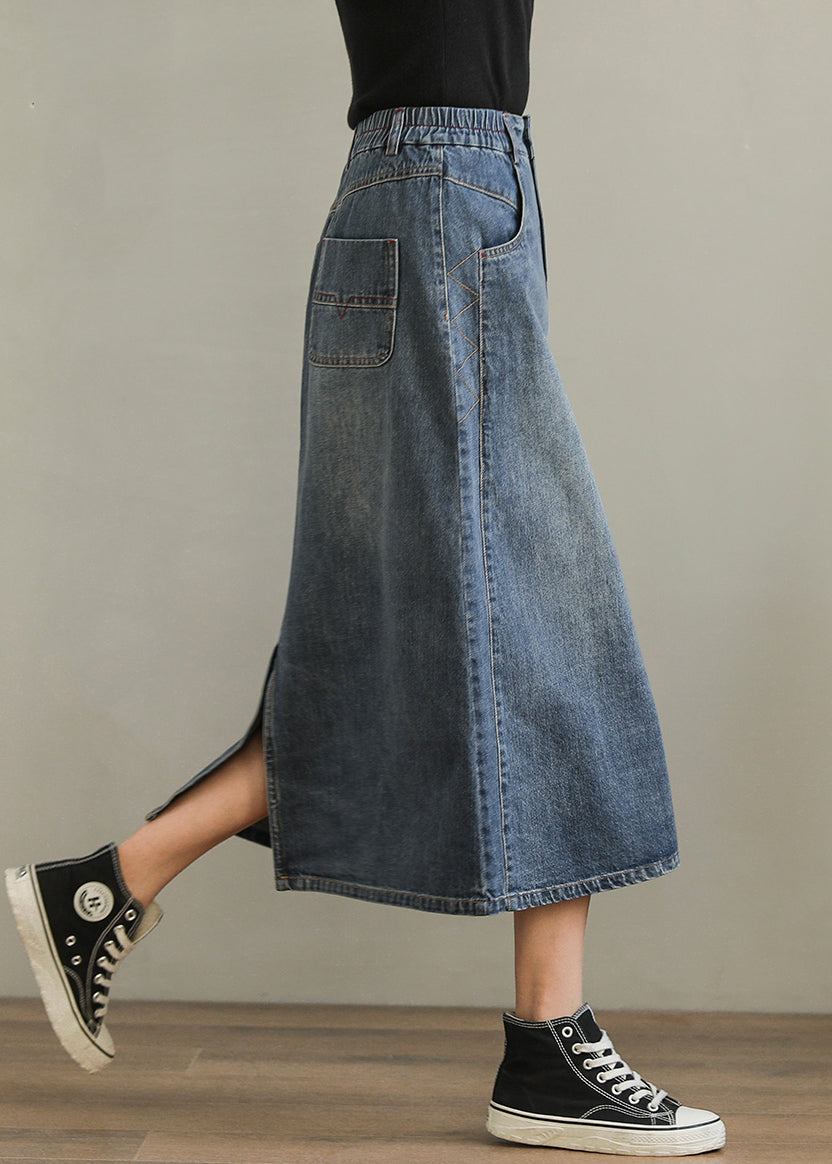 New Denim Blue Pockets Side Open High Waist Denim Skirt Summer