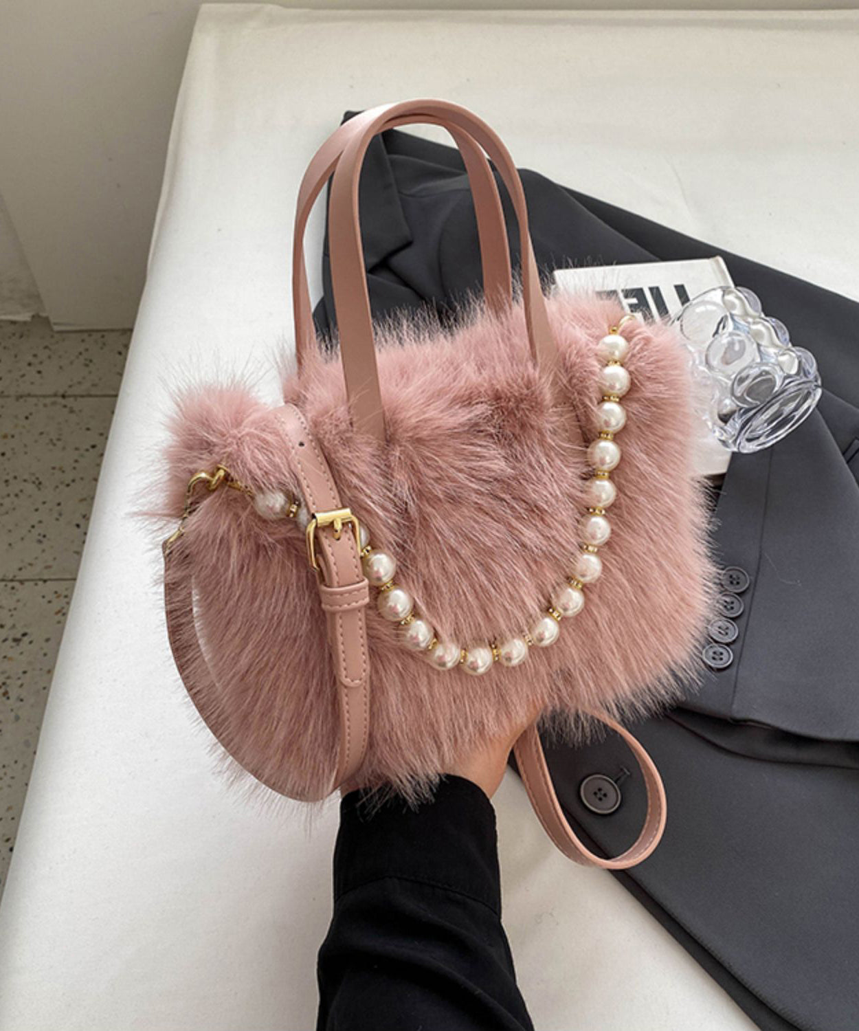 New Fashion Beige Pearl Fuzzy Fur Fluffy Square Crossbody Bag