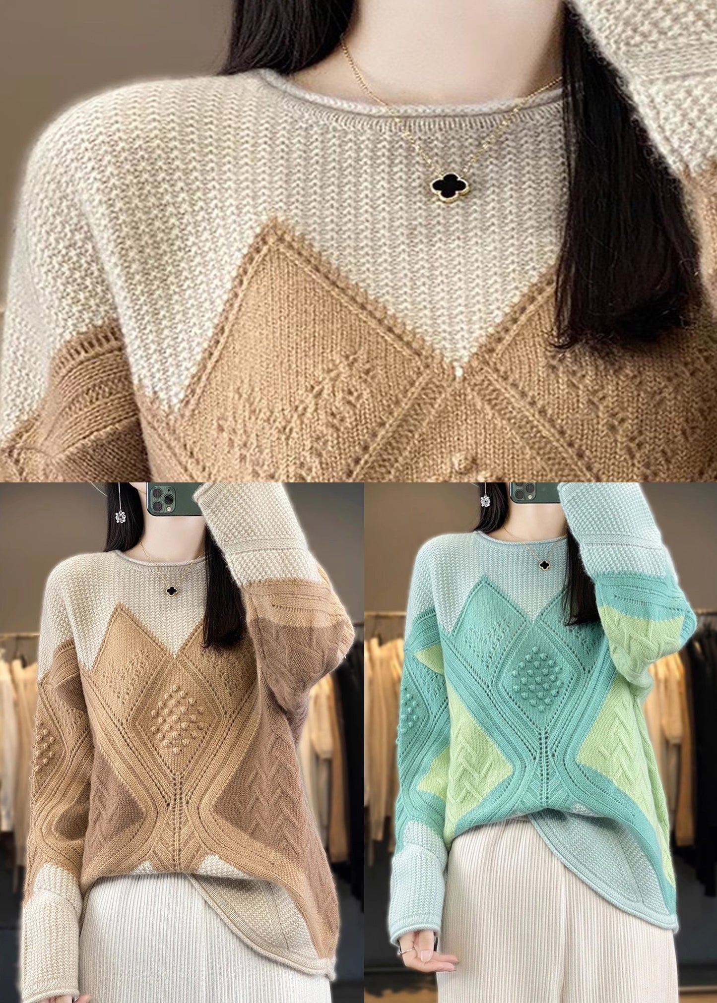 New Green O-Neck Patchwork Woolen Knit Sweater Spring