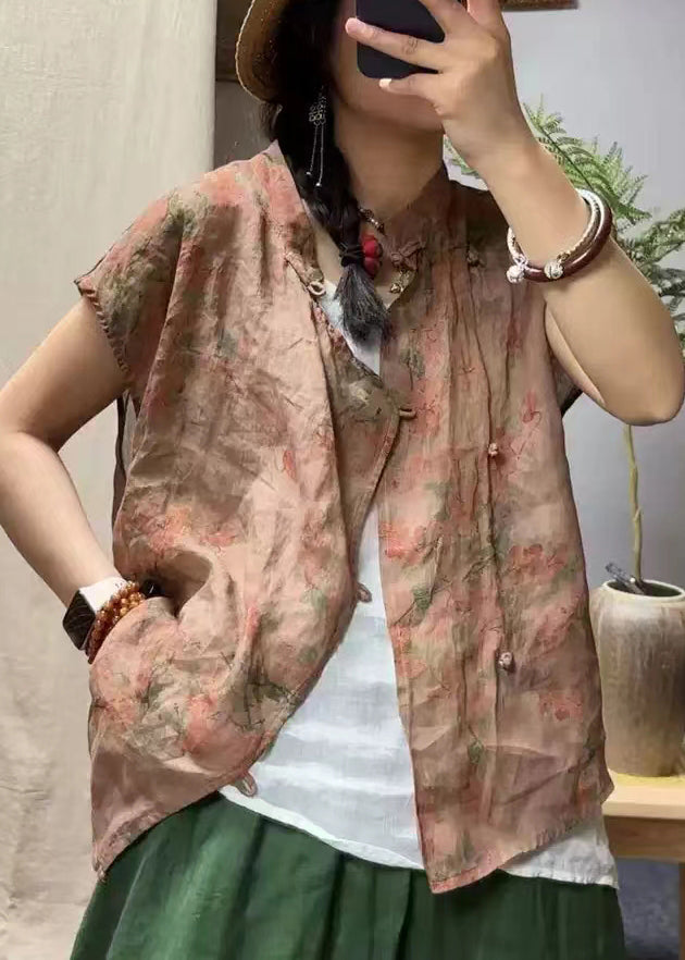 New Green Stand Collar Button Print Linen Tops Summer