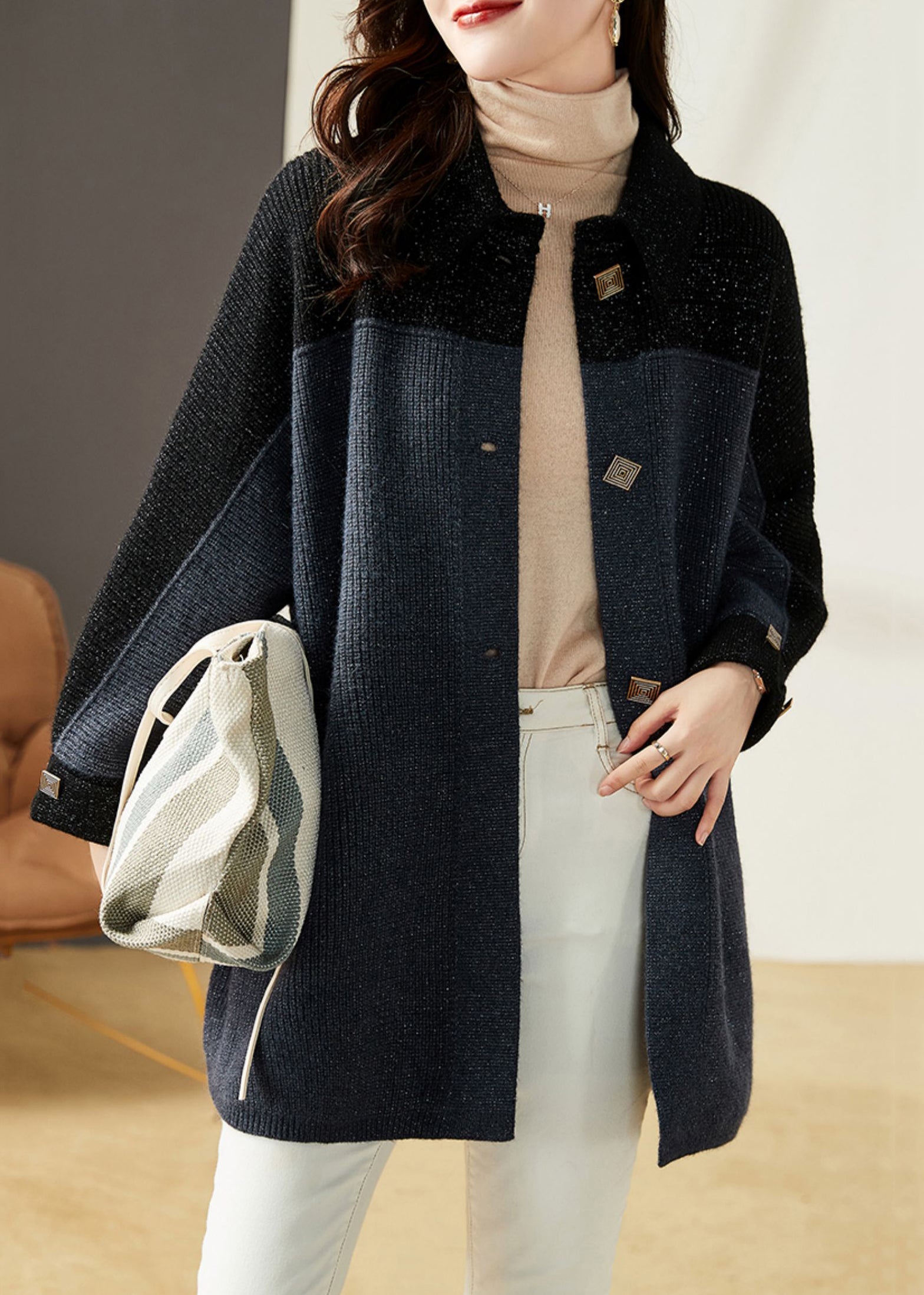 New Grey Blue Button Pockets Patchwork Knit Coats Long Sleeve