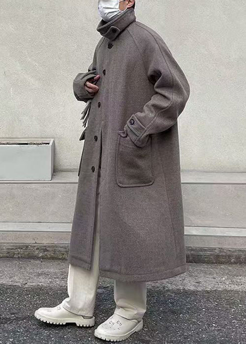 New Grey Button Pockets Woolen Men Long Coats Winter