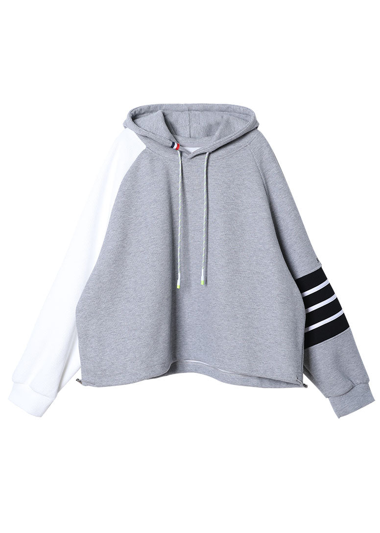 New Grey Hooded Drawstring Patchwork Fall Sweatshirts