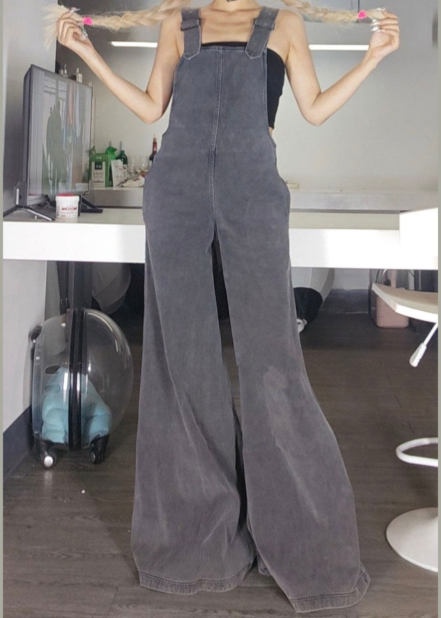 New Grey Zippered Pockets Denim Jumpsuit Sleeveless