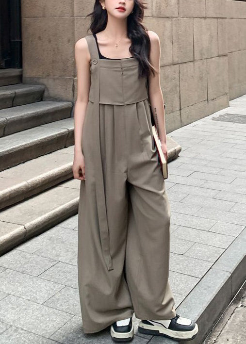 New Khaki Button High Waist Cotton Jumpsuits Sleeveless