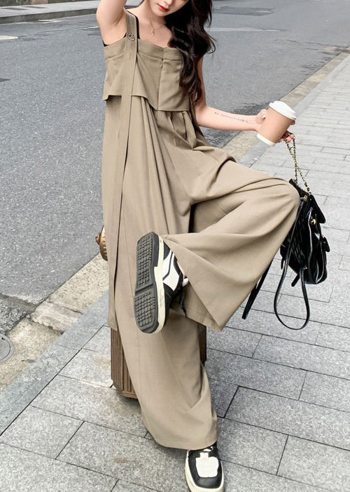 New Khaki Button High Waist Cotton Jumpsuits Sleeveless