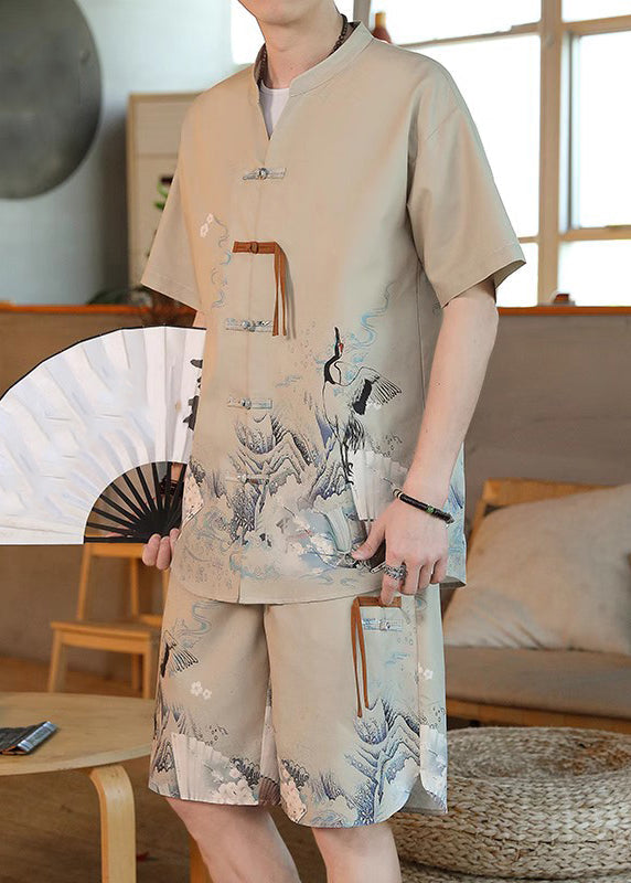 New Khaki Print Men Moisture Wicking Ice Silk Shirt And Shorts Two Pieces Set Short Sleeve