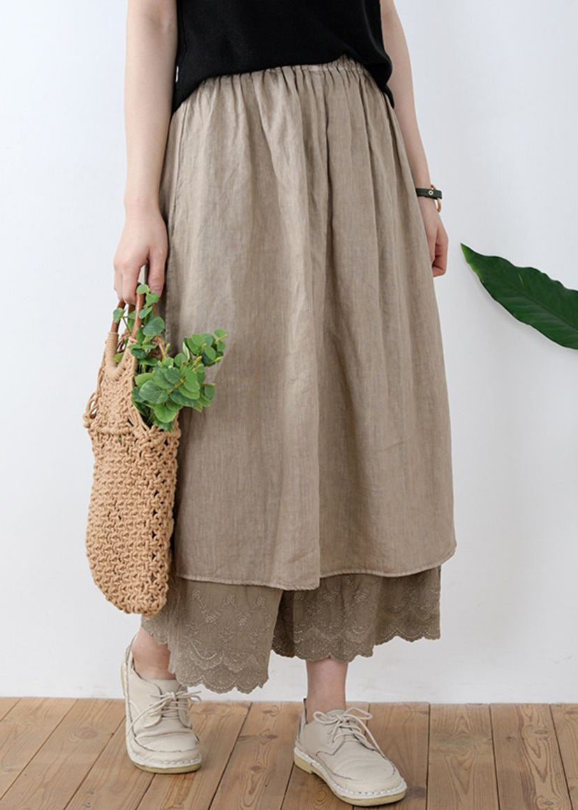 New Khaki Side Open Elastic Waist Linen Pants Skirt Summer