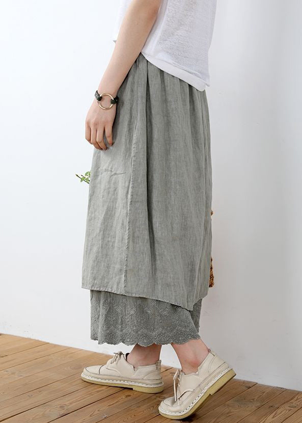 New Khaki Side Open Elastic Waist Linen Pants Skirt Summer