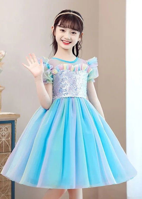 New Light Blue Ruffled Sequins Patchwork Tulle Baby Girls Party Dress Summer