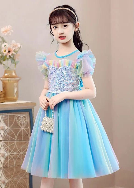 New Light Blue Ruffled Sequins Patchwork Tulle Baby Girls Party Dress Summer