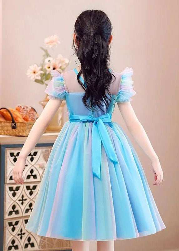 New Light Blue Ruffled Sequins Patchwork Tulle Baby Girls Party Dress Summer